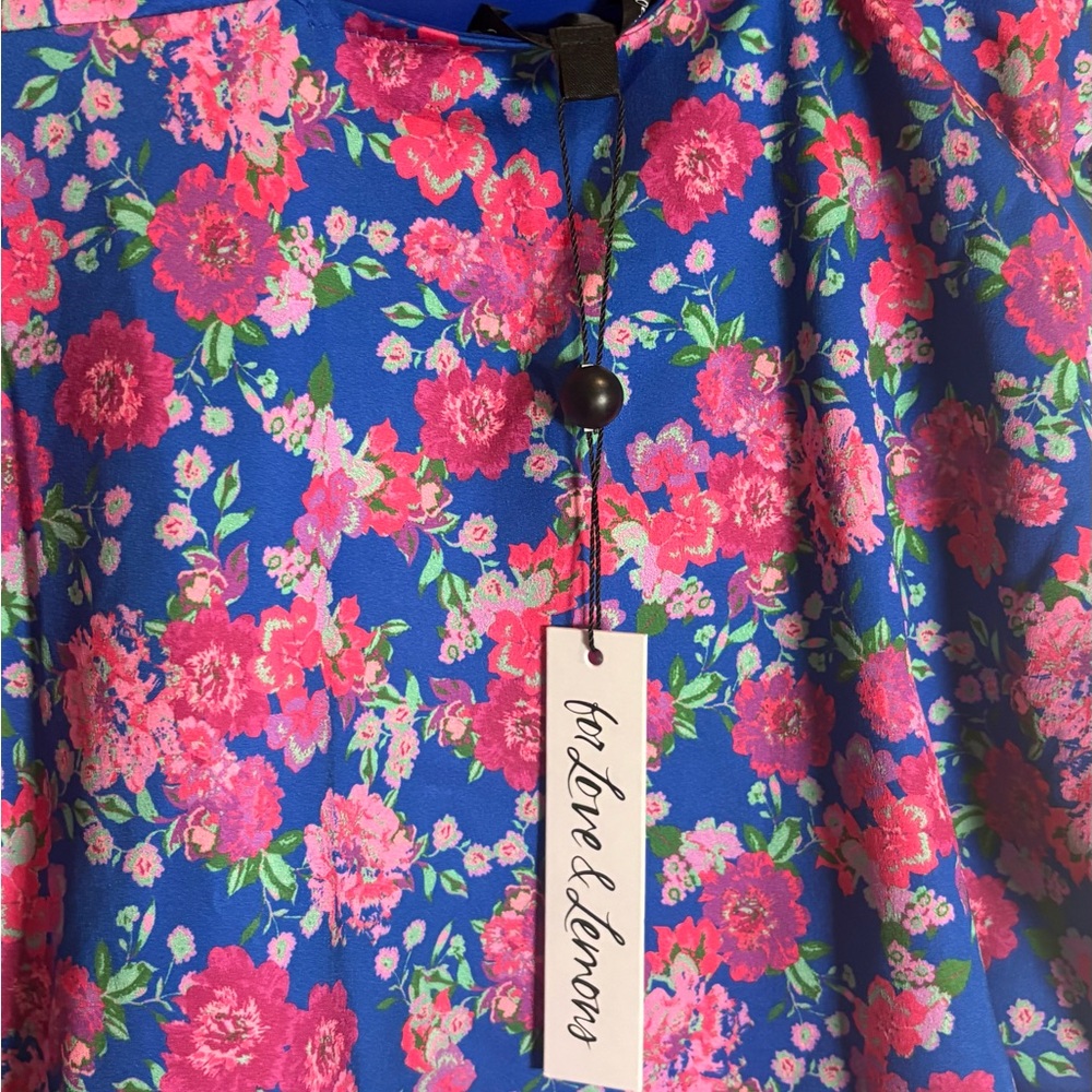 For Love & Lemons NWT Annie Ruched Satin Midi Dress in Cobalt/Pink Floral Small - Picture 7 of 9